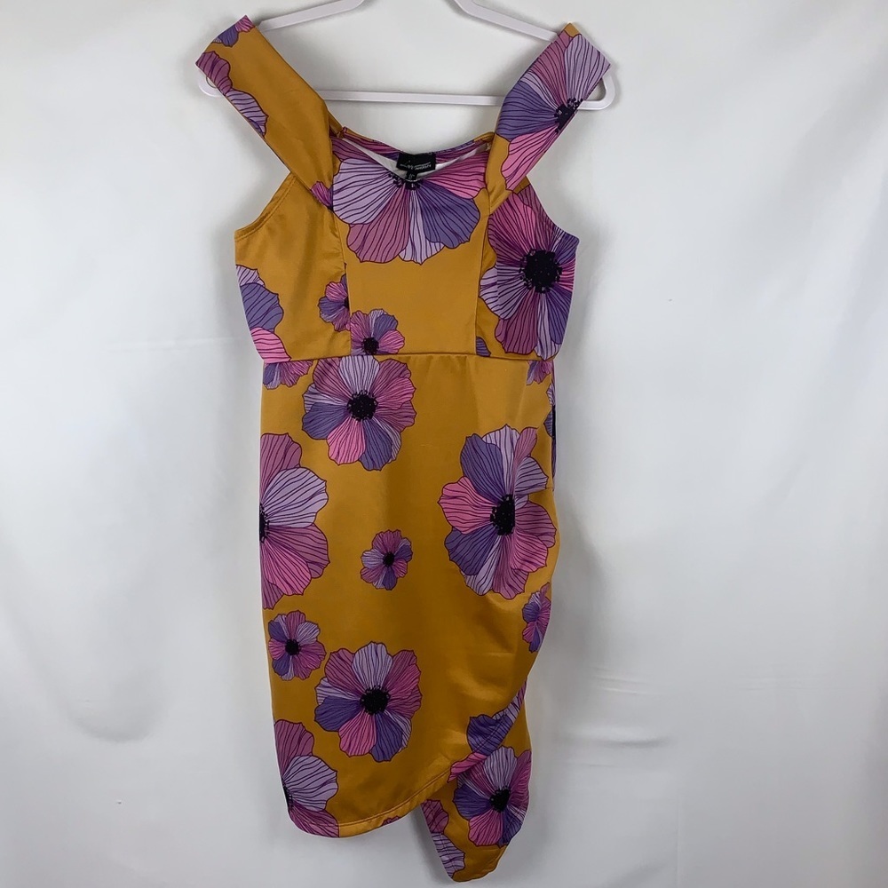 Love University Dress Stretch Spandex Large floral mustard yellow purple Bodycon